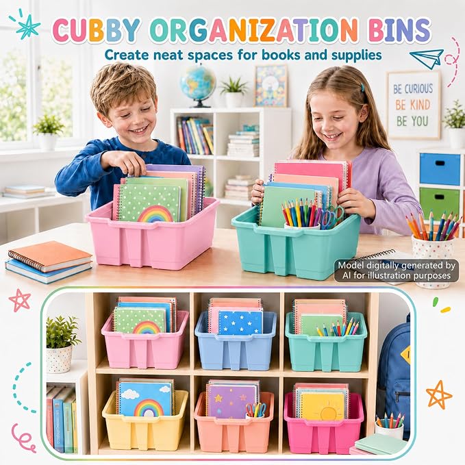 6 Pack Plastic Book Bins For Classroom Stackable Classroom Organizer with Handle Cubby Bins for School Library Office Home Nursery Playroom Organization(Pink Purple) - Image 4