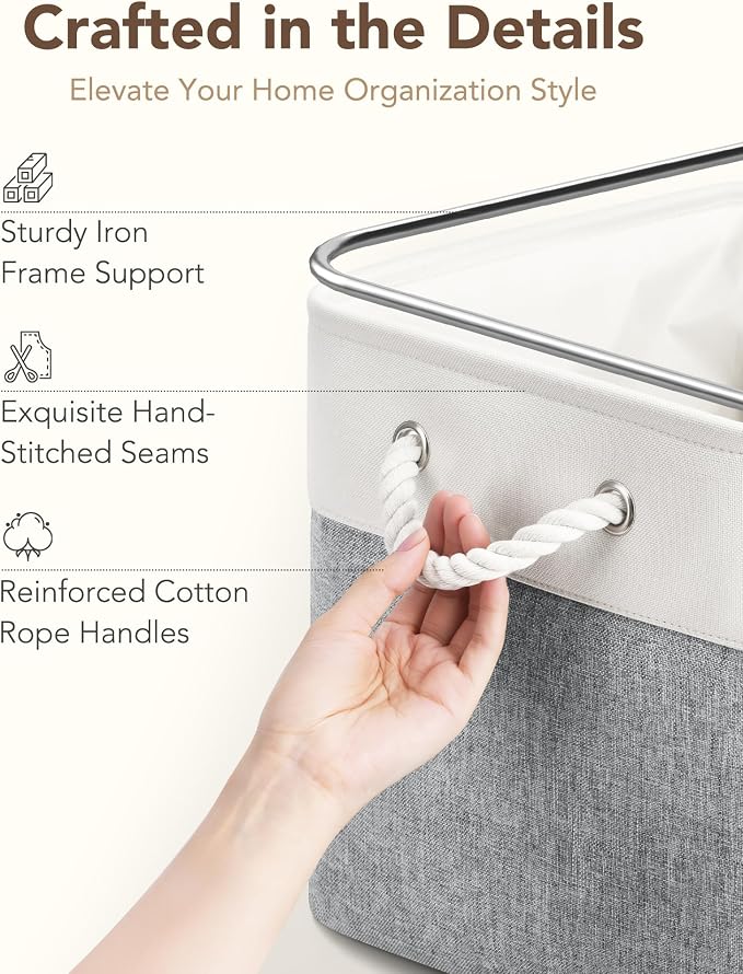 13x15x13 Inch Large Storage Bins with Cotton Rope Handles 6-Pack | Foldable, Top support of metal frame, Bottom with Cardboard Support, Fabric Cube Storage Bins for Closet, White Gray - Image 5