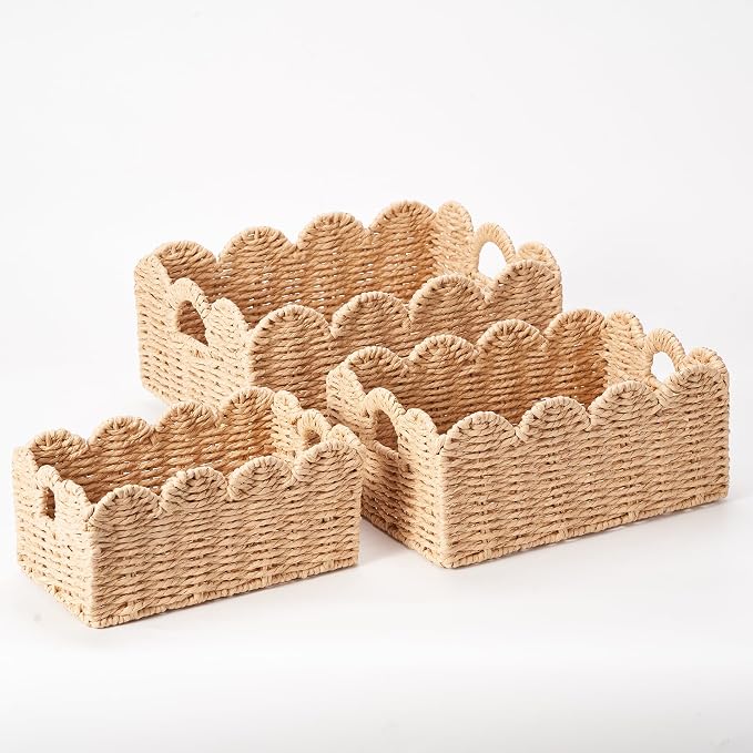 Scalloped Wicker Baskets Set of 3, Hand-Woven Storage with Handles | set of 3 beige scalloped baskets with handles. Hand-woven paper rope for shelves, bathroom or closet. Stackable, sturdy. by Floramill