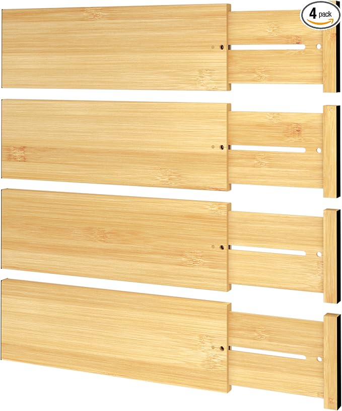 BAMEOS Bamboo Expandable Drawer Dividers – Fits 12.2"–17" Drawers, 4" Extra Deep Walls, Set of 4 | Tall Spring-Loaded Separator for Baby Dresser, Sock Drawer & Bathroom Cabinet by BAMEOS