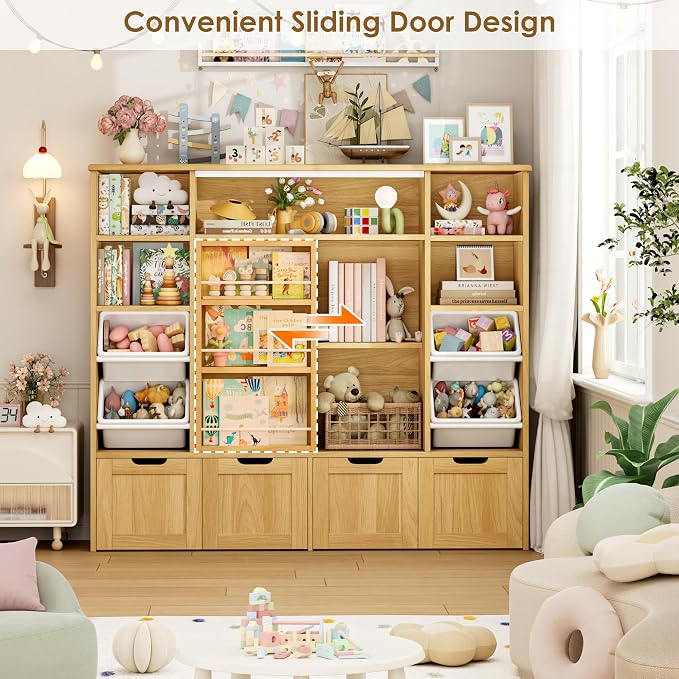 Toy Storage with Sliding Bookshelf, Toy Organizer with 4 Bins | 55.1’’ W Large Toy Storage Organizer Kids Bookshelf with 4 Movable Drawers, Toy Bins Playroom Storage for Kid Room, Natural - Image 6