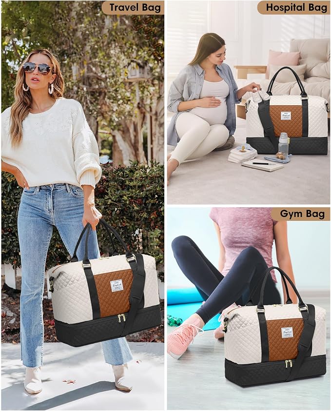 Travel Overnight Bag Weekender Bags - Duffle Bag Women with Shoe Compartment Carry on Tote Bag with Toiletry Bag Gym Duffel Bag with Wet Pocket Hospital Bags for Labor and Delivery Black White Brown - Image 8
