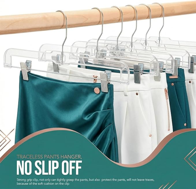 HOUSE DAY 120 Pack Clear Pants Hangers with Clips, Plastic Skirt Hangers for Women, 14 Inch Clip Hanger for Pants, Skirts, Jeans, Shorts, Legging, with 360-degree Swivel Hook, 2 Adjustable Clips - Image 8