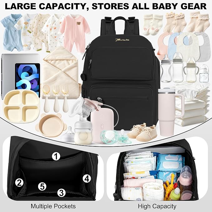 IBVIVIC Diaper Bag Backpack with Portable Changing Pad, Black | Multifunctional Baby Bag for Mom Dad, Large Capacity, Stroller Straps, Insulated Bottle Pockets & Pacifier Case - Image 3