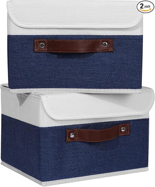 ANMINY Fabric Storage Box Bins with Lids, Blue White, 10"x8"x7", 2 Pack | Keepsake Memory Storage, Cotton Linen, PP Board Reinforced, Washable, PU Handles, Foldable & Stackable, Decorative, Small by ANMINY