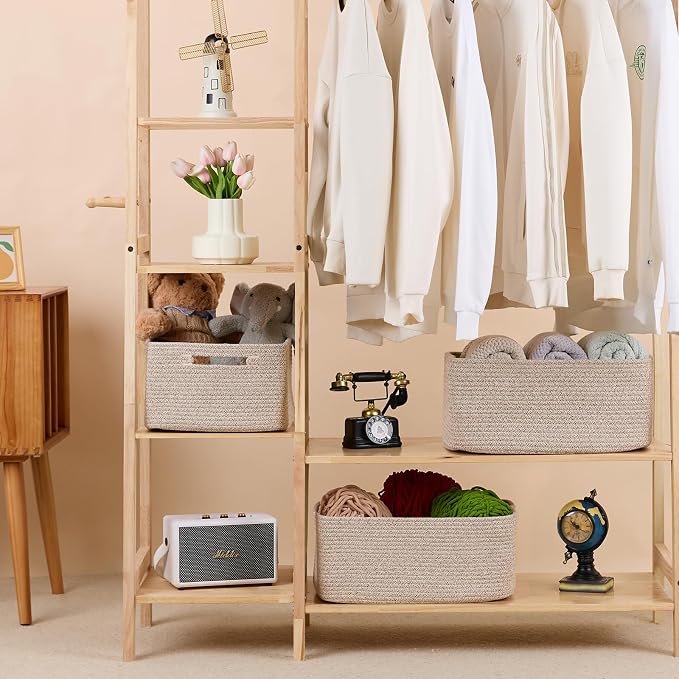 MiniArk Large Storage Baskets for Shelves, 17 x 13 x 7.5” Closet Organizers Bins for Clothes Blanket Towels, Baby Nursery, Toy Baskets Box, Woven Rope Baskets, 2 Packs Mixed Brown - Image 3
