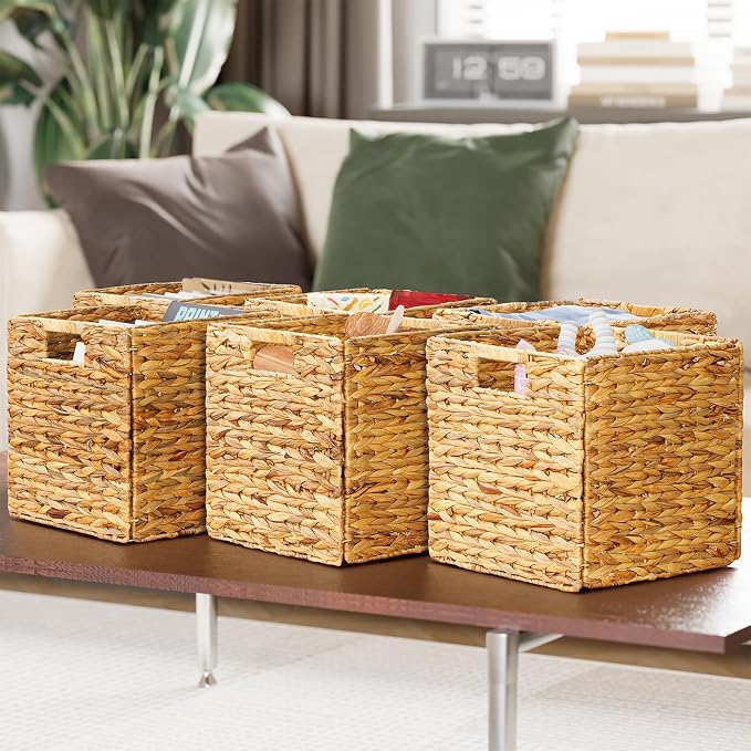 SpaceAid 6 Pack Wicker Basket, Storage Baskets for Organizing, Woven Rattan Basket with Handles for Shelves, Water Hyacinth Large Cube Organizer Storage Bin, 12x12x12 inch, Natural - Image 5