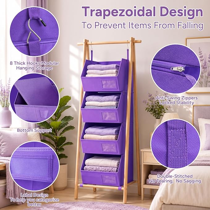 Hanging Closet Organizer, Detachable Hanging Storage Shelves | Reinforced Side Panels, Dorm Closet Organizer, RV Closet Organizers and Storage, Organizer for Clothes, Sweaters,Socks Purple - Image 4