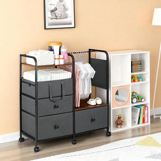 Orzbow Baby Diaper Caddy Cart Organizer and Storage, Grey | 4 Tier Baby Rolling Cart with Dividers and Drawers, Metal Rolling Utility Cart for Nursery, Bedroom, Changing Table & Crib - Image 7