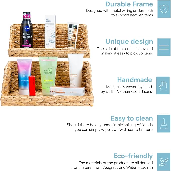 VATIMA Water Hyacinth Storage Baskets with Large Open-Front for Kitchen, Decorative for Living Room, 13.4” x 9.5” x 5.5”, 2 Pack - Image 7