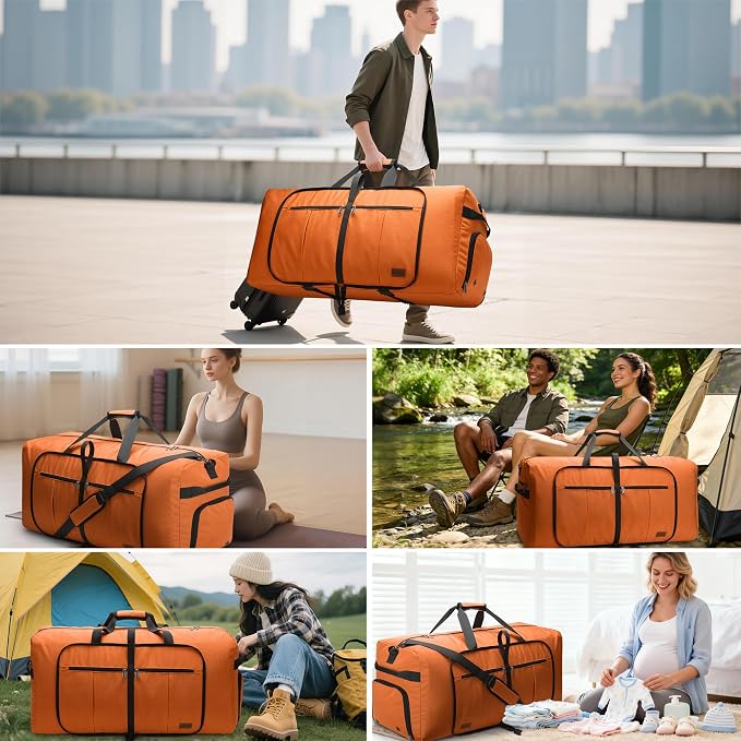 120L Foldable Waterproof Travel Duffel Bag for Men and Women with Shoe Compartment (Orange, EXTRA LARGE, 120L) - Image 7