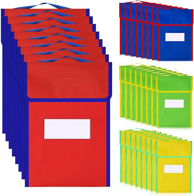 32 Pcs Large Book Bags for Classroom Book Pouches Bulk for Student Kids School 12 x 15 Inch Nylon Reading Bags with Clear Name Tag and Handle by Buryeah