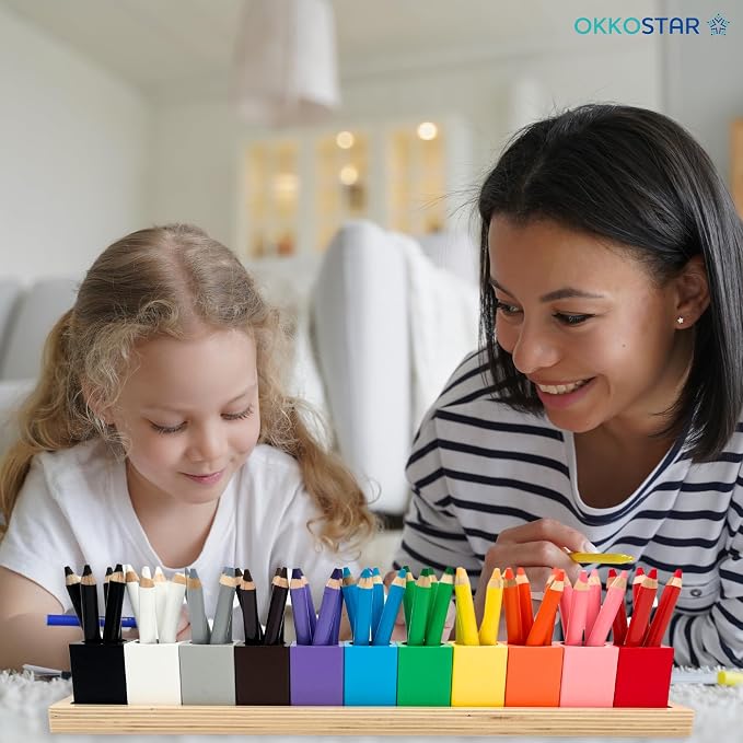 Wooden Crayon & Colored Pencil Holder, 11 Cups, Classroom (Large) | Montessori Color Sorting Caddy, 11 Beechwood Cups Plus 8 Bonus Stencils, Hold Crayons Pencils Markers, Toddler & Teacher Gift - Image 9