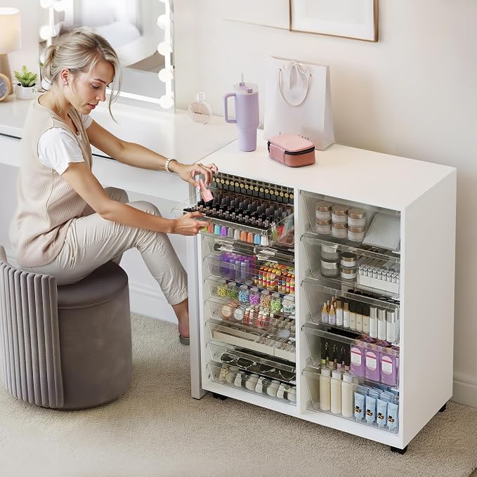 Mobile Storage Cabinet with 15 Clear Drawers, Modern White | Craft Cabinet with 5 Large Drawers, Cart with Wooden Tabletop, Printer Stand Home Office, Dresser Chest - Image 5