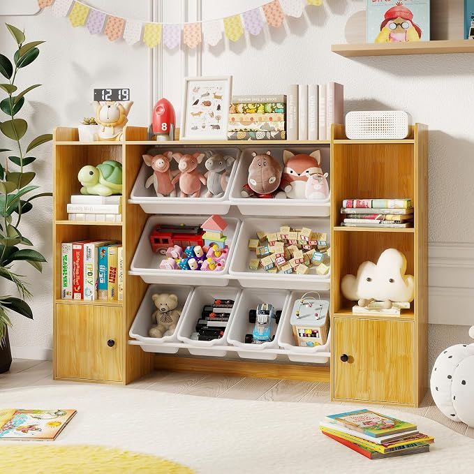 Costzon Kids Toy Storage Organizer w/ 8 Bins, Wooden Toddler Bookcase w/Open Shelves & Cabinet, Multifunctional Toy Storage Cabinet for Kids Room, Nursery & Playroom - Image 2