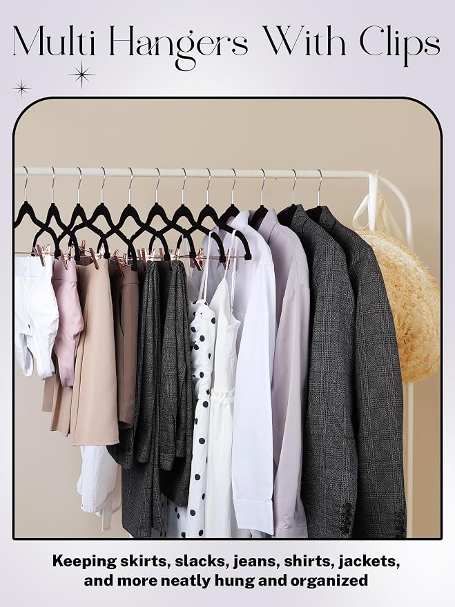 HOUSE DAY Hangers with Clips 24 Pack,     | Black, Non Slip Velvet Flocked, 0.2" Ultra Thin, Space Saving Hangers, Soft Touch, For Pants, Skirt, Shorts, Coat - Image 2