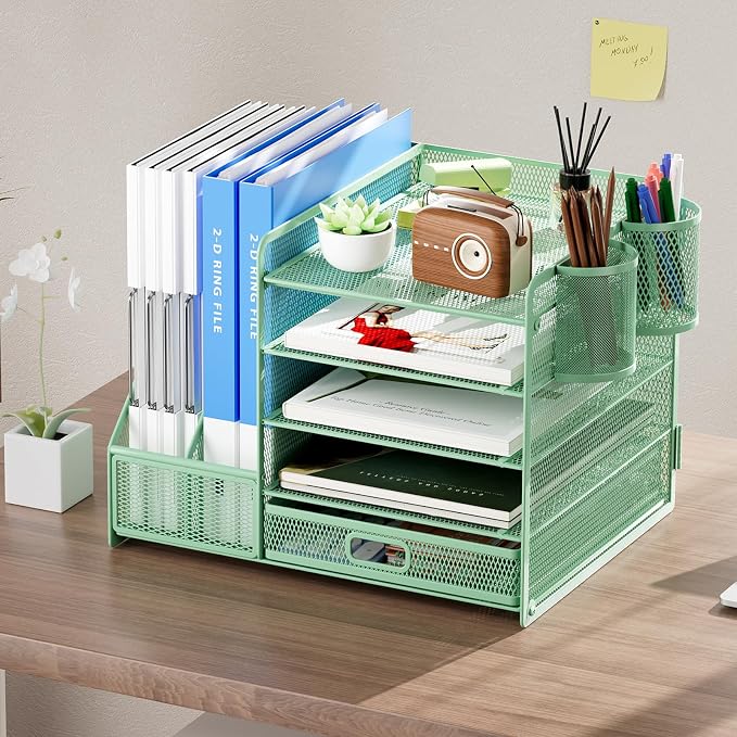 Marbrasse Desk Organizer with File Holder, 5-Tier Paper Letter Tray Organizer with Drawer and 2 Pen Holder, Mesh Desktop Organizer and Storage with Magazine Holder for Office Supplies (Green) - Image 3