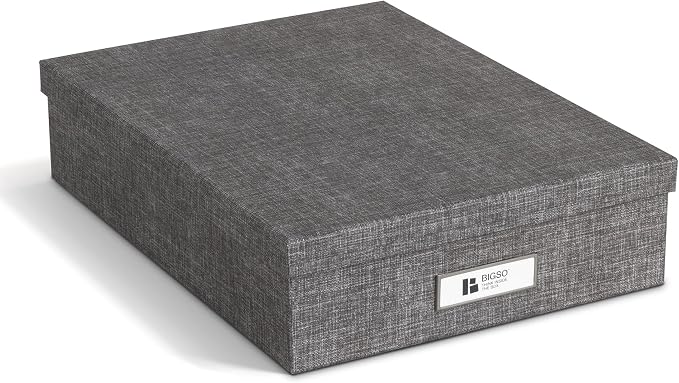 Bigso Oskar Canvas Fiberboard Document Letter Box for Important Paperwork A4 or Letter Size - Durable Keepsake Box with Lid and Metal Label Holder - 3.3in x 10.2in x 13.8in - Melange Grey by Bigso