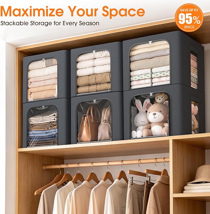 8 Pack Clothes Storage Bins with Metal Frame,Stackable Organizer Bins with Handles for Closet & Bedroom(Light Grey) - Image 2