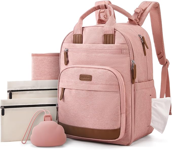 mommore Diaper Bag Backpack, Insulated & Waterproof, Stroller Straps, Pink | Backpack Bottle Holders Insulated & Pacifier Case, 2 Organizer Pouches by mommore