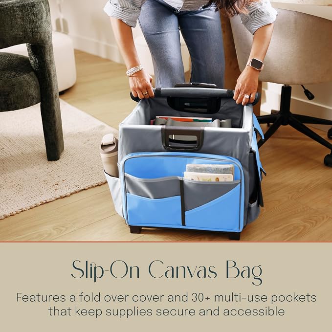 Folding Mobile Utility Cart, Canvas Organizer Bag, Blue/Grey | Durable plastic, 30 compartments, adjustable handle, 40 lb capacity, collapses to 3" thick, rolling wheels for easy transport - Image 4