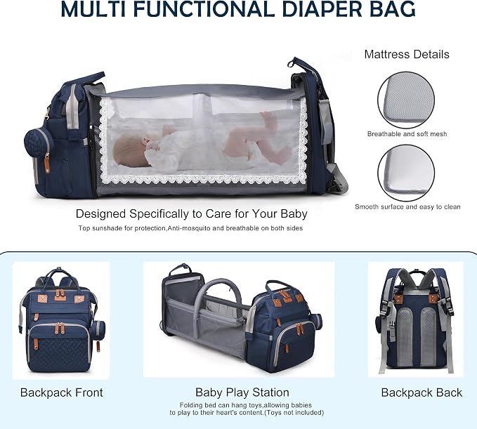 Diaper Bag with Changing Station, Pacifier Pouch, Waterproof Travel Design, Blue - Image 2