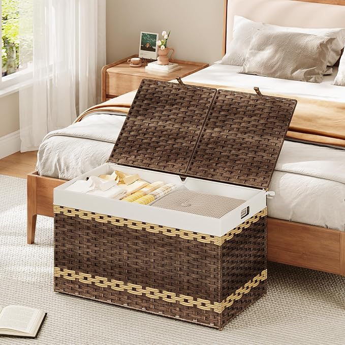 HOOBRO Storage Basket with Lid, 42.3 Gallon (160L) Wicker Storage Basket with 2 Separate Lid, Blanket Storage Bin with 2 Removable Liner Bags, for Bedroom, Laundry, Brown and Natural BR276CW01 - Image 5