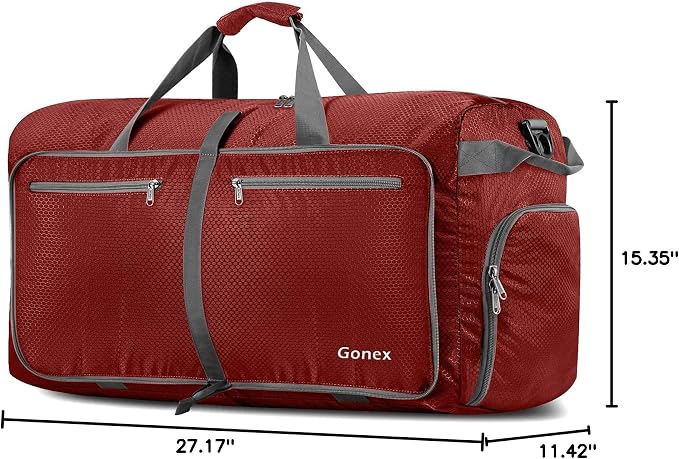 Gonex 80L Foldable Travel Duffle Bag with Shoe Compartment, Lightweight | 210D Nylon, Water-Repellent, Folds Compact, Multiple Pockets, Luggage Sleeve, Weekend Trips & Camping, Red - Image 10