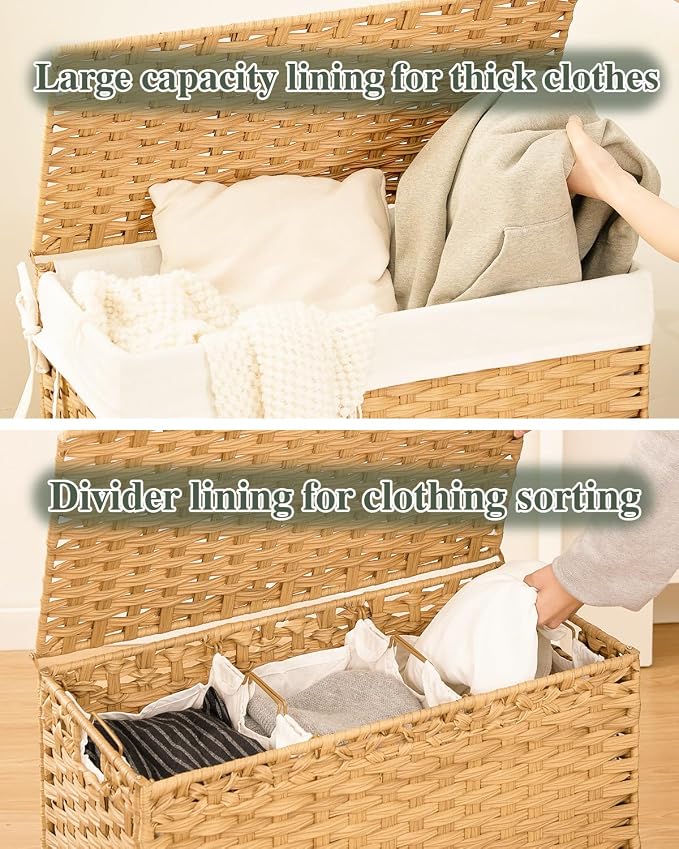 SETVSON Laundry Hamper with Lid Laundry Basket 132 L PE Rattan Natural | Decorative PE Rattan Furniture Look for Bedroom, Large Sorting Hamper with Lid, 4 Liners, 6 Mesh Bags, Steel Frame - Image 3