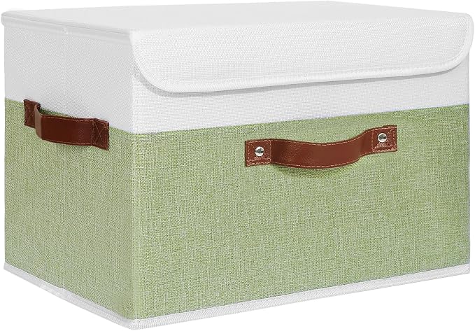 ANMINY Fabric Storage Box Bins with Lids, Green White, 15"x10"x10" | Keepsake Memory Storage, Cotton Linen, PP Board Reinforced, Washable, PU Handles, Foldable & Stackable, Decorative, Large by ANMINY