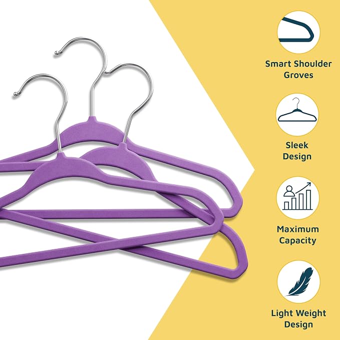 Purple Velvet Kids Hangers 100 Pack, 10.83" Non-Slip Baby & Toddler Hangers for Clothes, Space-Saving Slim ABS Plastic with 360° Swivel Hook & Notched Shoulders, Up to 10 lb Capacity - Image 3