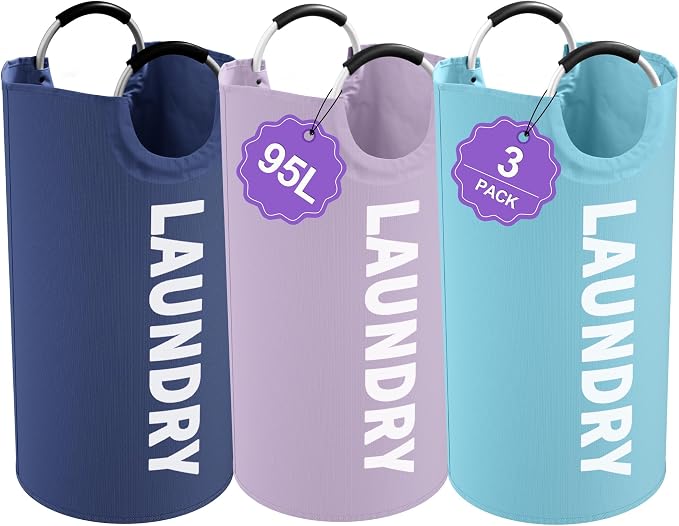 95L 3Pack Large Laundry Hamper, Foldable Laundry Basket with Handles, Dirty Clothes Basket in 600D Oxford Fabric, Clothes Hampers for Bedroom, Living Room, Bathroom, Purple + Navy Blue + Blue by IHOMAGIC