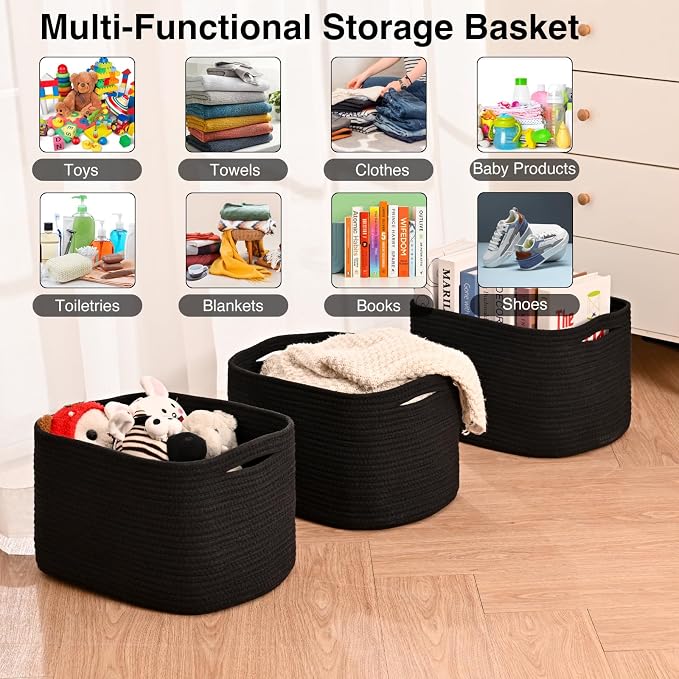 ICERZCZ Black Storage Baskets for Organizing Shelves, Toy Basket for Nursery, Woven Cotton Rope Basket for Decor, Towel Baskets for Bathroom, 15"x11"x9.5", 3 Packs, Black - Image 4