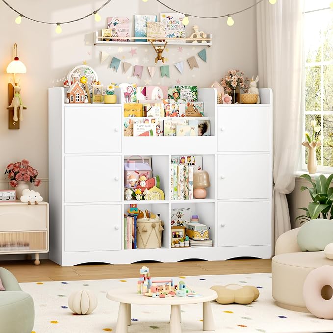Toy Organizers and Storage with 10 Cubbies and 4 Tier Bookshelf | 55" Large Kids Bookshelf Toy Organizers and Storage with Raised-Edge Top Shelf, Playroom Storage and Toy Chest, White - Image 3