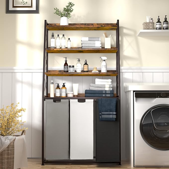 Herture Laundry Basket, 3 Section Laundry Hamper with 4 Tiers Shelf, Pull-Out and Removable Laundry Bags, Large 3 x 15.87 Gallons, for Laundry Room Bathroom Rustic Brown PF05XLN - Image 3