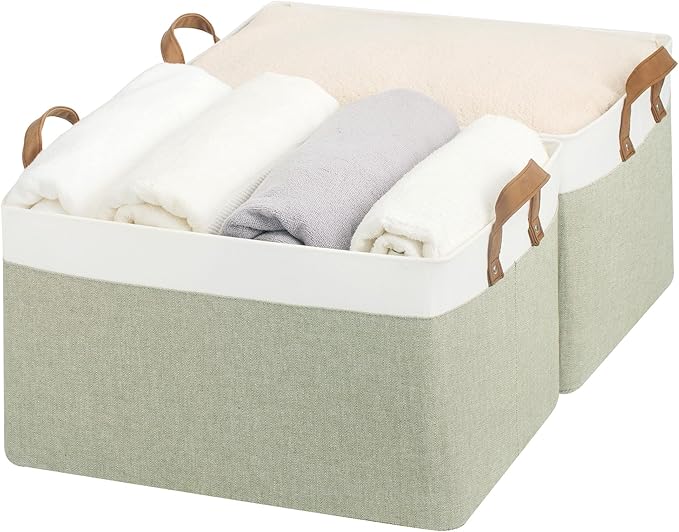 StorageWorks Closet Storage Bins, Green and White, Extra Large, 2-Pack | With Reinforced PU Handles, Metal Frame, Collapsible, Storage Basket for Shelves, Closet, Holds Clothes, Towels, Blankets by StorageWorks