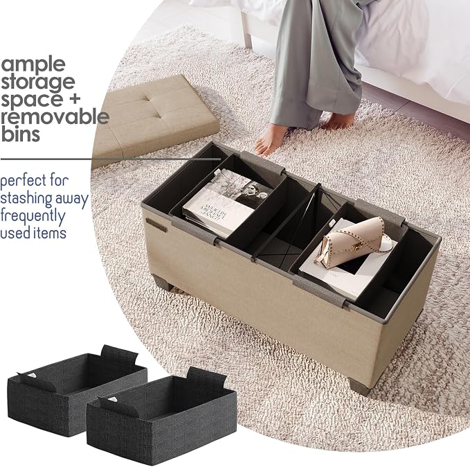 Storage Ottoman Bench with Bins, 30-in Storage Bench for Bedroom End of Bed, Folding Foot Rest Ottoman for Living Room Max 660lbs, Fabric Ottomans, Taupe - Image 3