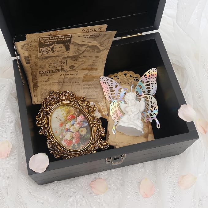 Wooden Keepsake Storage Box with Hinged Lid for Wedding Treasure Decorative | 8x6x4.4 Inches can Hold 5x7 Photos Baby Keepsakes, Stash Case with Black Velvet Base, Small Memory Case Black - Image 3
