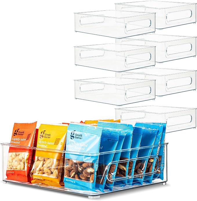 Plastic Food Storage 8 Pack Clear Container Bin with Handles for Organizing Kitchen, Pantry, Refrigerator, Freezer, Pantry, Cabinet, Closet, Bathroom. Stackable 10”x6”x3” by primebox