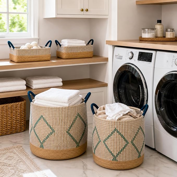Handwoven Sea Grass Storage Baskets Set of 4-2 Round & 2 Square Woven Bins with Handles by Vietnamese Artisans, Natural Fiber Organizer for Living Room, Bathroom, Nursery, Shelves - Image 6