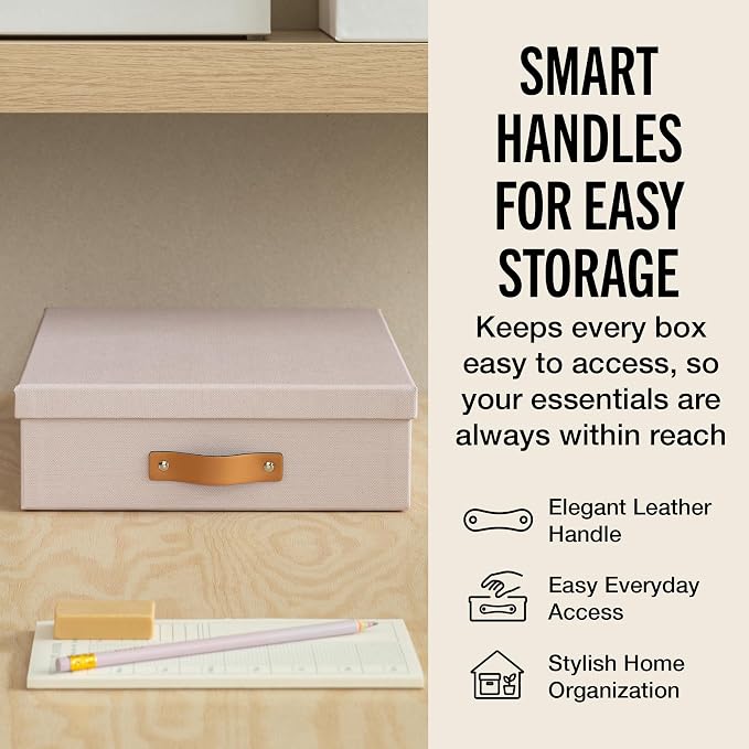 Bigso Oskar Fiberboard Document Storage Box with Lid for A4 and Letter Size Papers - Stylish, Sturdy, and Stackable Keepsake Box with Leather Handle - W10.2in x D13.8in x H3.3in - Pink Rose - Image 5