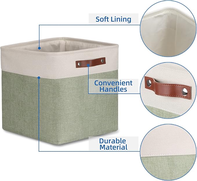 Temary Cube Storage Baskets for Shelves 4pack Fabric Storage Basket for Organizing Clothes, 13 Inch Storage Cubes with Leather Handles, Closet Baskets (White&Green) - Image 3