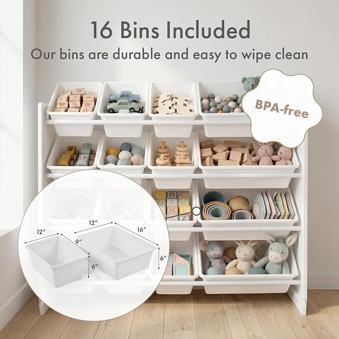 Humble Crew Kids Toy Organizer with 16 Bins, 4 Tier Storage for Playroom | Sturdy wood and steel toddler shelf, removable BPA-free containers, wall anchor anti-tip safety kit for bedroom or classroom - Image 3