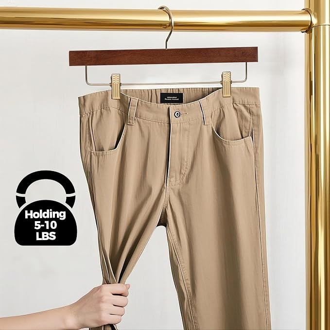 Quality Hangers Wooden Pants Hangers - 100-Pack Swivel Hook Cloth Hanger Set - Lotus Wood Skirt, Pant, Shorts and Slack Hangers with Adjustable Clip – Clothing Hanger Set (Walnut - Gold Hook, 100) - Image 5