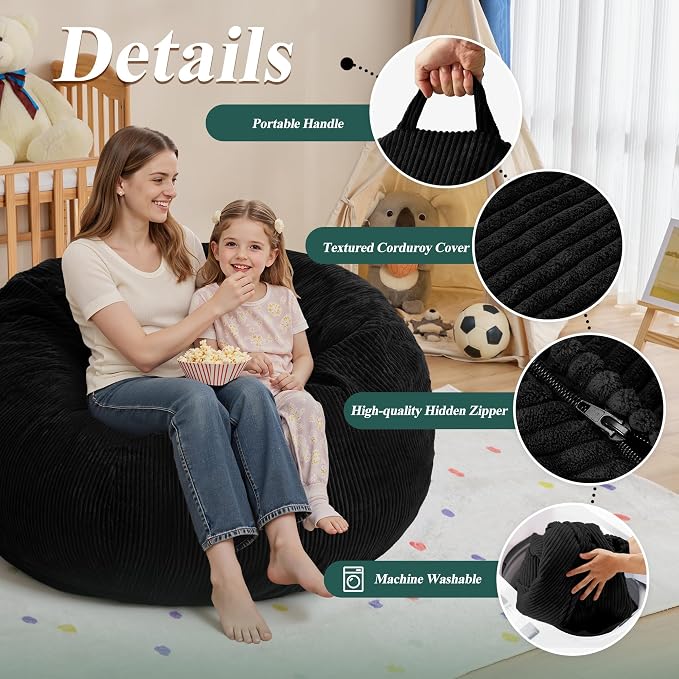 4FT Bean Bag Chair for Adults,Large Teardrop Beanbag with Filler | Beanbag Chair with Memory Foam Filled,Bean Bags with Handy Handle&Machine Washable Cover for Living Room,Bedroom-Black - Image 5