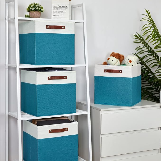 Temary Cube Storage Bins Storage Cube Bins for Home, 4 Pack Fabric Storage Bins for Organization, Storage Cubes 13x13 Cube Baskets with Leather Handles (White&Teal) - Image 6