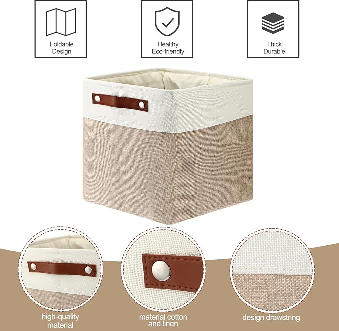 Uiifan 10 Pcs Collapsible Storage Bins Fabric Foldable Storage Basket with Handles Cloth Organizer Linen Shelf Baskets for Shelves Home Closet Nursery Toys(12 x 12 x 12 Inch,Beige and White) - Image 4