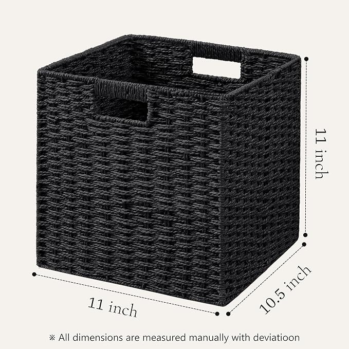 UBBCARE 2 Pack Wicker Basket, 11L×11H×10.5W inch Woven Paper Rope Storage Baskets for Shelves, Foldable Cube Storage bin with Handle, Storage Basket for Organizing & Decor, Black - Image 2