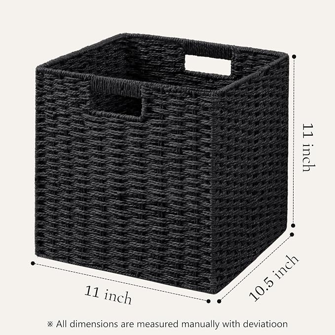 UBBCARE 4 Pack Wicker Basket, 11L×11H×10.5W inch Woven Paper Rope Storage Baskets for Shelves, Foldable Cube Storage bin with Handle, Storage Basket for Organizing & Decor, Black - Image 2