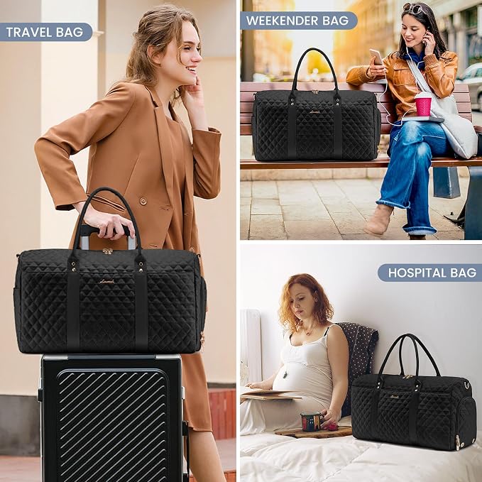 LOVEVOOK Travel Duffle Bag, Weekender Bags for Women with Shoe Compartment, Quilted Carry on Overnight Bag with Toiletry Bag, Hospital Bags for Labor and Delivery, Gym Duffel Bag with Wet Pocket Black - Image 6